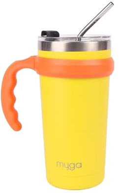 Myga Insulated Cup with Straw, Flip Top Lid and Handle - 590ml Stainless Steel Double Wall Travel Mug Tumbler Bottle for 12h Hot and 24h Cold Drinks Reusable BPA Free - 20oz, Yellow