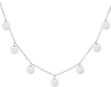 RUGGED steel - Damen Edelstahl Coin-Kette 45 + 5 cm - 7 runde hochglanzpolierte Plättchen Anhänger - wasserfest, farbbeständig, dauerhafter Glanz (inkl. Schmuck-Box) - Silber