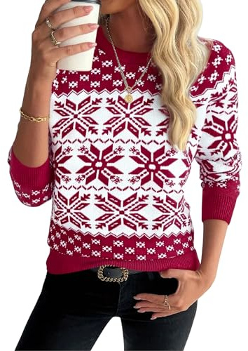 Demegimi Jultröjor jultröja långärmad t-shirt dam jultröja snöbåge älg rund hals dam långärmad tröja julfest, Röd, S