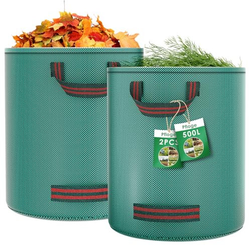 Pfloge® 2X 500L Sacchi Giardinaggio, Sacchi per Rifiuti da Giardino con 4 Maniglie, Autoportante, Impermeabile, Sacco Raccogli Foglie Durevole Resistente alla Corrosione