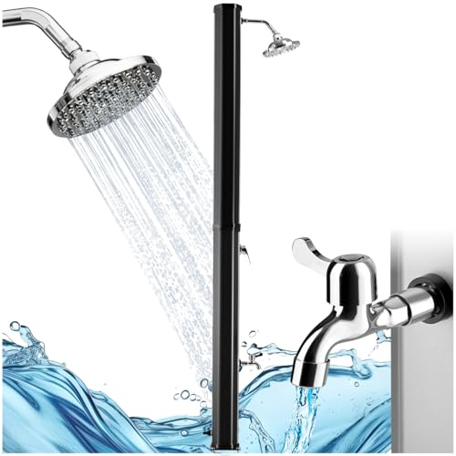 tectake® Solardusche 35 Liter, Gartendusche Regenduschkopf und Wasserhahn, warmes Wasser für Garten, als Campingdusche, Pooldusche Gartenschlauch-Anschluss, solar Shower Aussendusche - schwarz/Silber