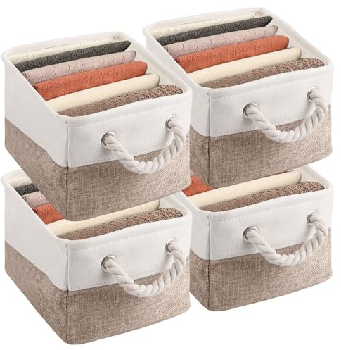 LOPYXBR Fabric Storage Boxes, 4PCS Foldable Storage Box for Shelves, Fabric Storage Baskets with Rope Handles for Shelves, Wardrobe, or Home Organisation (31x21x16CM, 10L, White & Khaki)