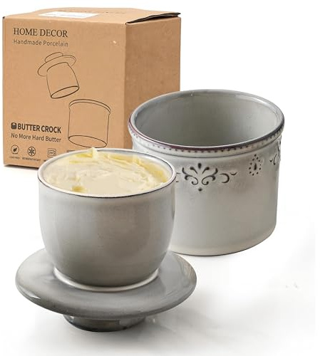 HOME DECOR Reactive Glaze Butter Crock with Lid,French Relief Butter Dish with Water Line,Butter Keeper for Fresh Spreadable Butter-Flecked Grey