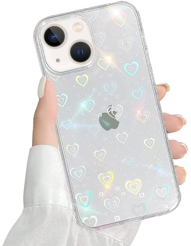 QUESPLE Kompatibel mit iPhone 13 Mini Hülle Transparent Glitzer Herz Muster für Frauen Mädchen Mode Weiche Langlebige Schlanke TPU Handyhülle, Hart PC Rückseite Kratzfest