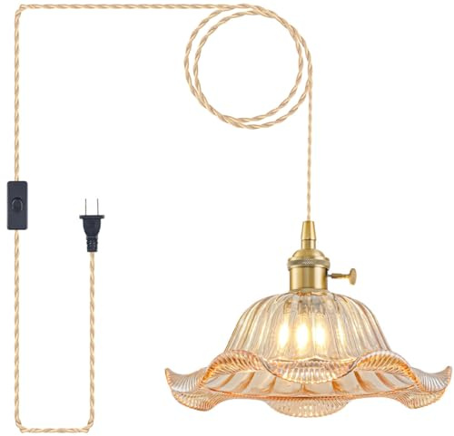 Plug in Pendant Light Vintage, Adjustable Pulley Hanging Lamp with Amber Lily Glass Shade, Brass Hanging Lights with Plug in Cord for Bedroom Kitchen, Compatible with Indoor Plant Grow Light Bulbs
