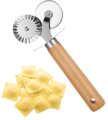 Oruola Rotella tagliapasta a doppia lama, in acciaio inox, con manico in legno, per pizza, ravioli e biscotti