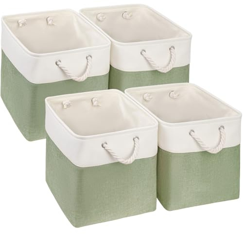 SOCOHOME Fabric Cube Storage Boxes,33x33x33cm Canvas Storage Baskets for Nursery Closet Toys Shelf(Green/White, Set of 4)