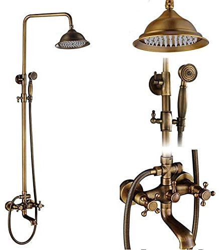 Ensemble de robinet de douche en laiton, colonne de douche antique de 20,3 cm avec bec de bain en céramique en porcelaine, mitigeur à deux boutons, kit de douche pivotant pour baignoire