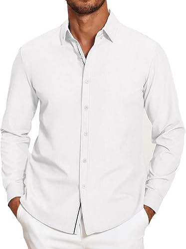 COOFANDY Herrskjorta långärmad button down casual skjortor för män stretch affärsmän skjortor mode fritidsskjorta normal passform, Vit, M