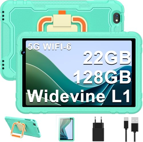 Tablet Niños 10 Pollici Android 14, 22GB RAM + 128GB ROM (TF 1TB), Octa-Core 8000mAH, Control parental, Widevine L1, 5G WiFi 6, Bluetooth 5.0, 5MP + 8MP, Funda protectora de silicona para niños-Verde