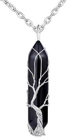 MicVivien sexkantigt ädelstenshalsband för kvinnor män, livets träd tråd inslagen kristall hänge kvarts natursten berlock med rostfritt stål kedja silverhalsband smycken unisex, 5.5 x 1.1 cm, Obsidian