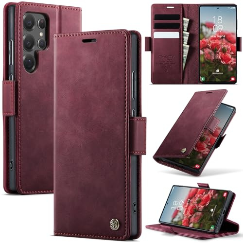 Cracedily Handyhülle für Samsung Galaxy S22 Ultra Hülle Premium PU Leder Klappbar Stoßfeste Tasche Flip Case [RFID Blocker] Magnet Kartenfach Standfunktion Klapphülle Schutzhülle für S22 Ultra, Rot