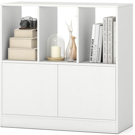 KOMFOTTEU Bücherschrank mit magnetischen Druckverschlüssen, Bücherregal mit Kippschutzvorrichtung, Standregal für Wohnzimmer, Büro, Arbeitszimmer, 70 x 30 x 70 cm (Weiß)