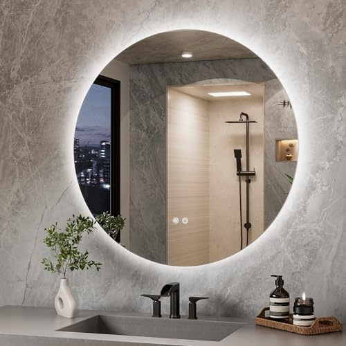 TETOTE Badspiegel mit Beleuchtung 90cm, Rund Badezimmerspiegel, Badezimmer Wandspiegel Ohne Rahmen, Led Badspiegel mit 3 Lichtfarben Dimmbarer,Antibeschlag, Speicherfunktion, IP44