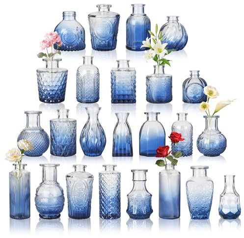Piccoli vasi decorativi da tavolo, mini vasi in vetro vintage per matrimoni, baby shower, decorazioni per la casa, piccoli vasi decorativi per fiori, piante o regali, blu, set da 24 pezzi