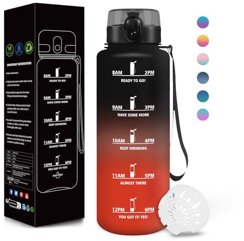 Motswedi Borraccia, 1500ML Senza BPA, Borraccia Palestra, Design della Serratura a Prova di Perdite, Bottiglia Motivazionale, Con Marca Temporale, Bottiglia per Ufficio, Stadio, Palestra - Nero&rosso