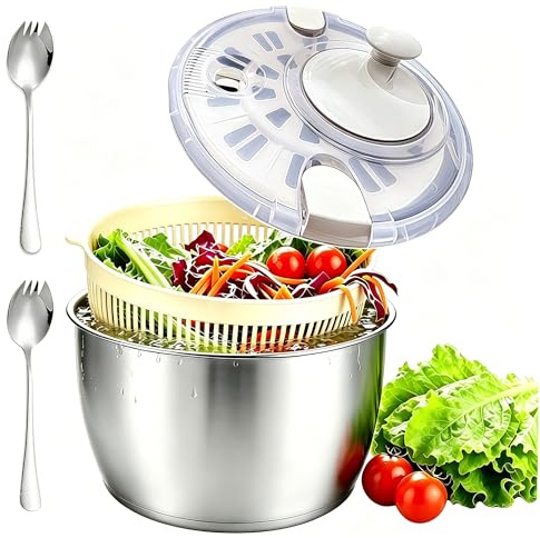 5L Salatschleuder Edelstahl Groß,2 In 1 304 Salad Spinner mit Deckel | Hochwertige Salatschleudern Kurbelantrieb mit Rutschfestem Boden & Wasserauslass, Salat Trockner für Frische Salate & GemüSe