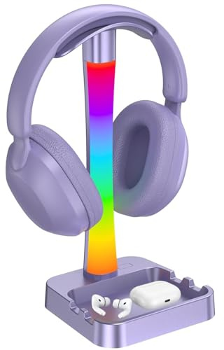 LOGANBEY RGB Headphone Stand with 10 Light Modes, Gaming Headset Holder with 2 USB Charging Ports, Sturdy Desk Headphone Hanger Organiser for Desk, Unique Gamer Gifts & Gaming Accessories (Purple)