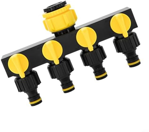 FACAIIO Distribuidor de agua de cuatro vías para mangueras de jardín, divisor de grifo de conexión rápida con válvulas de control de flujo, se adapta a salidas de 1, 2, 3, 4, 1 pulgada, amarillo