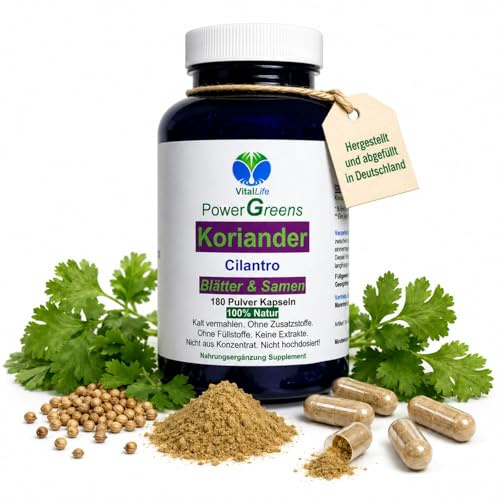 Koriander Cilantro Blätter & Samen 180 Pulver Kapseln Natur Pur KEIN Extrakt OHNE Zusatzstoffe. 26422