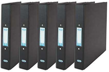 Elba A4 Black Ring Binders, 35mm Spine, 250 sheet Capacity, Plastic on Board, 5-Pack for Office, School and Home Organisation