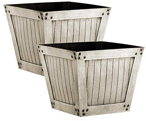 Slatted Wood Style Plastic Planter - Natural, Set of 2 - Suitable for Indoor or Outdoor Use - 34cm (H) x 40cm (Dia)