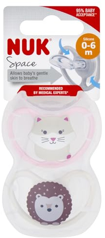 NUK Space Baby Schnuller | 0-6 Monate | Schnuller mit extra Belüftung | BPA-freies Silikon | verschiedene Farben (Design nicht wählbar) | 2 Stück