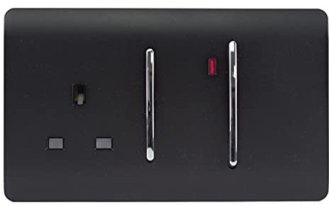 Trendi Switch Screwless Artistic Modern Decorative Glossy 45 A Cooker Switch Control Unit & Single Plug Socket Inc Neon Indicator for Indoor Use in Matt Black - ART-WHS213MBK