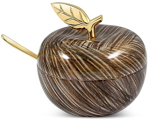 Zion Judaica Rosh Hashanah Apple Shaped Honey Jar Dish with Spoon for Apple Dipping Elegant Honey Pot Nickel Plated with Permanent Design Decal Jewish New Years Decorations