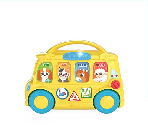 Chicco skolbuss, tvåspråkig leksaksskolbuss, med 7 interaktiva knappar, 3-positionspinne, spelar mer än 35 låtar, fraser och melodier, spel för barn 9-36 månader