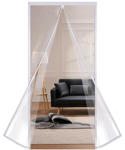 Risareyi Cortina Puerta Magnética Térmica Aislante Frio y Calor en EVA Transparente a Prueba de Viento Impermeable Cortinas de Puerta Dormitorio, Cocina, Partición, Cierre Automático, 85x215cm, Blanco