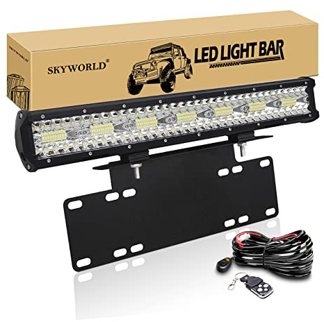 SKYWORLD 50.8cm Arbeitsscheinwerfer 420W LED-Lichtleiste, Zusatzscheinwerfer Offroad Scheinwerfer, kennzeichenhalter nummernschildhalter mit 12V Blitz kabelbaum kit für Auto SUV LKW PKW 4x4 | Offroad Beleuchtung Lichtbalken, 15 Zoll Kennzeichenhalterung und 12V Fernbedienung Kabelbaum für 4x4 Auto Offroad SUV LKW