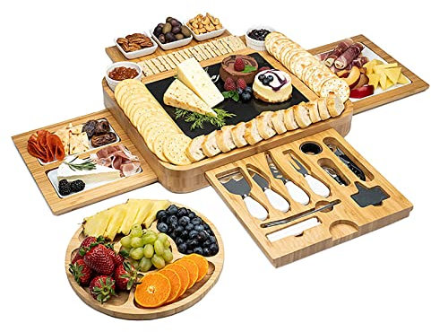 THREMA Planche À Fromage en Bambou, Serveur À Fromage Pliable Plateau À Fromage Pliant Plateau À Fromage en Bambou avec Plateau À Fruits, Grande Capacité Et sans Gâchis, pour Femmes, Couples