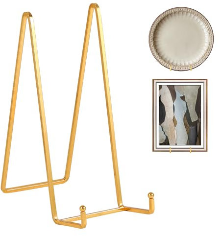 Soporte Platos Mesa Caballete Expositor - Soportes para Platos Decorativos - Soporte de Placa Grande para Exhibicion - Caballetes Para Cuadros | Marcos de Fotos | Libros - Dorado - 2 Piezas - 25 cm