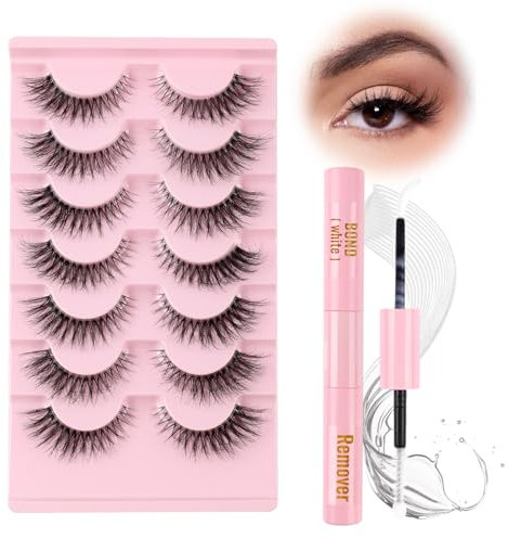Glowing Win Ciglia Finte con Colla 7 Paia Ciglia Finte Cat eye con Bond and Remover Occhio Di Gatto Ciglia Naturali 3D Banda Trasparente Fluffy Fake Lashes with Glue False Eyelashes