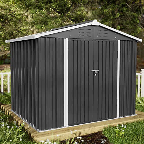 Amopatio Metal Garden Shed 8 x 6 ft, Outdoor Storage Sheds, Waterproof Bike Shed with Lockable Door for Bike, Garbage Can, Tool, Lawn Mower, Grey