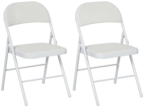 HOMCOM Padded Folding Chairs Set of 2 PU Leather Foldable Chairs with Cushioned Seat and Metal Frame for Home Office Dining Computer Desk Reception Room White