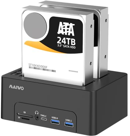 MAIWO 2 Bay Hard Drive Docking Station for 2.5'' 3.5'' SATA HDD/SSD Duplicator Offline Cloner, Type-C USB 3.1 HDD Dock with HDTV Port/4 USB Hub/Gigabit Ethernet/3.5mm Audio/BT5.0, SD TF Card Slot