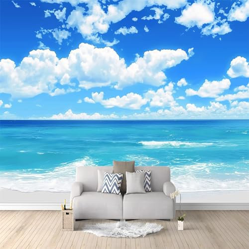 Fotomurales no tejido Naturaleza Vista Al Mar Cielo Azul Y Playa 250x175 cm Papel Pintado Decoración de Pared moderna, Murales póster 3D, Decorativos Murales para Dormitorio Salón TV Pared