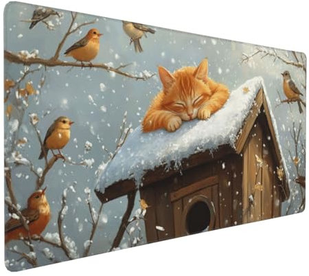 Gaming Mauspad XXL Katze Mousepad 1000x500x4mm Vogel Verlängertes Mauspad Schreibtischauflage,Genähte Kanten Mauspad,Verbessert Präzision und Geschwindigkeit Wasserdicht Geeignet für Büro und Spiele