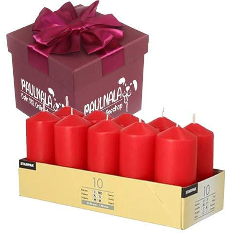 Stumpenkerzen Ø 40 mm, 90 mm rot,17918 10 Stück inkl. Überraschungsgeschenk von Paulnala.de