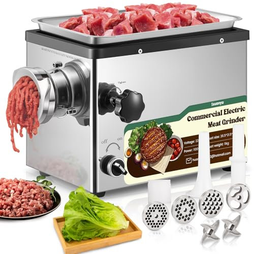 Huanyu Fleischwolf Elektrisch 1100 watt Gewerbe Fleischwolf mit Wurstfüller Elektrische Hackfleisch Maschine mit 2 Schneidmessern und 4 Schneidplatten