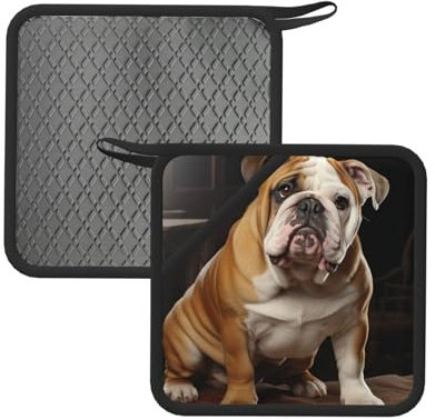 Topflappen mit Tasche für die Küche, hitzebeständige Silikon-Heißpads für Arbeitsplatten, Backofen, Englische Bulldogge, Topflappen-Set zum Kochen, Backen, Topfuntersetzer, 18 cm, 2 Stück