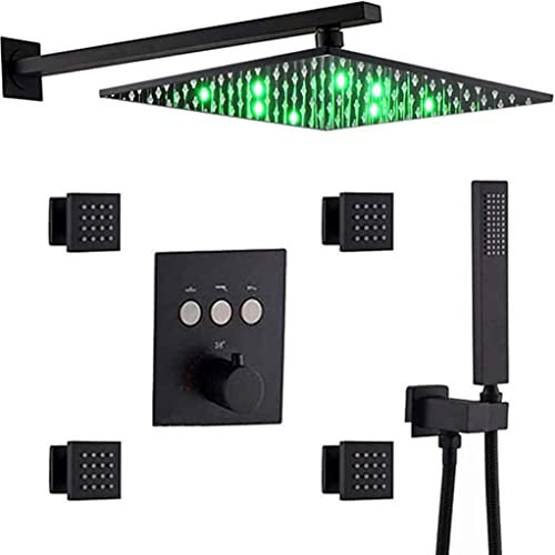 Duschsystem, thermostatisches, schwarzes Messing, Wandmontage, 10–12 Zoll, LED-Regenduschkopf mit 4 Körpersprays, Handbrause, Badezimmer-Luxus-Duschset, 10 Zoll