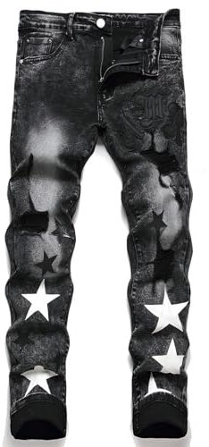 Kdtoll Vaqueros Hombre Slim Fit Rasgados - Pantalones de Mezclilla Elásticos con Estampado de Estrellas, Jeans Ajustados Moda Streetwear Y2K, Corte Slim y Diseño Versátil para un Estilo Moderno