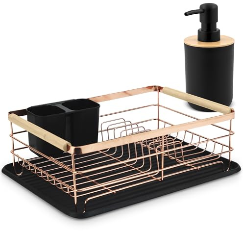 Massido Abtropfgestell Geschirr Geschirrabtropfgestell 43 x 32 x 14 cm Geschirrständer Holzgriffe Besteckhalter Schwarz Gold
