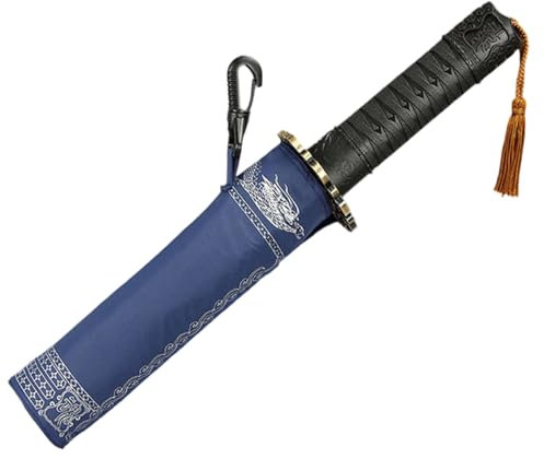 Licsaliwe Katana-Regenschirm kreativer japanischer wasserdichter winddichter Schwertschirm aus Polyester für Regen Samurai-Cosplay mit Stahlrippe und Kunststoffgriff