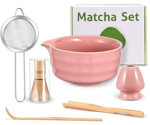 Ouxayapl Matcha kit Débutant - Coffret Rose 6 Pièces : Bol à Matcha, Fouet (Chasen), Support, Cuillère, Filtre, Chashaku- Pour Préparer un Latte ou S'initier à la Cérémonie du Thé (rose)