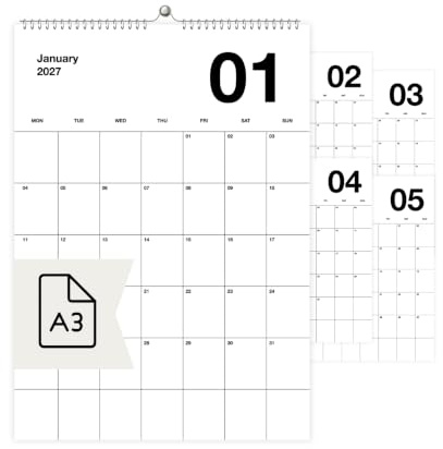 heaven+paper Design Wandkalender 2027 A3 I Familienkalender Minimal Design | Design Jahreskalender I perfekt als Familienplaner, Bürokalender, Küchenkalender, Geschenk, 250g/qm Papier, Made in Germany