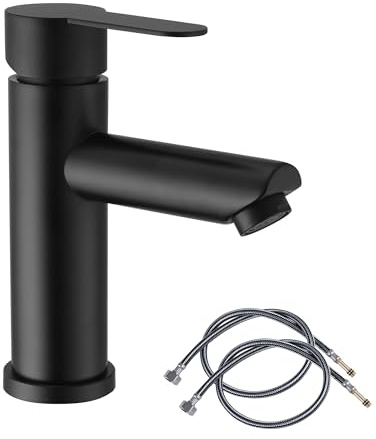 Black Bathroom Basin Tap Washroom Hot and Cold Mixer Tap 1 Hole Single Lever Bathroom Sink Faucet with 80CM UK Standard Hoses